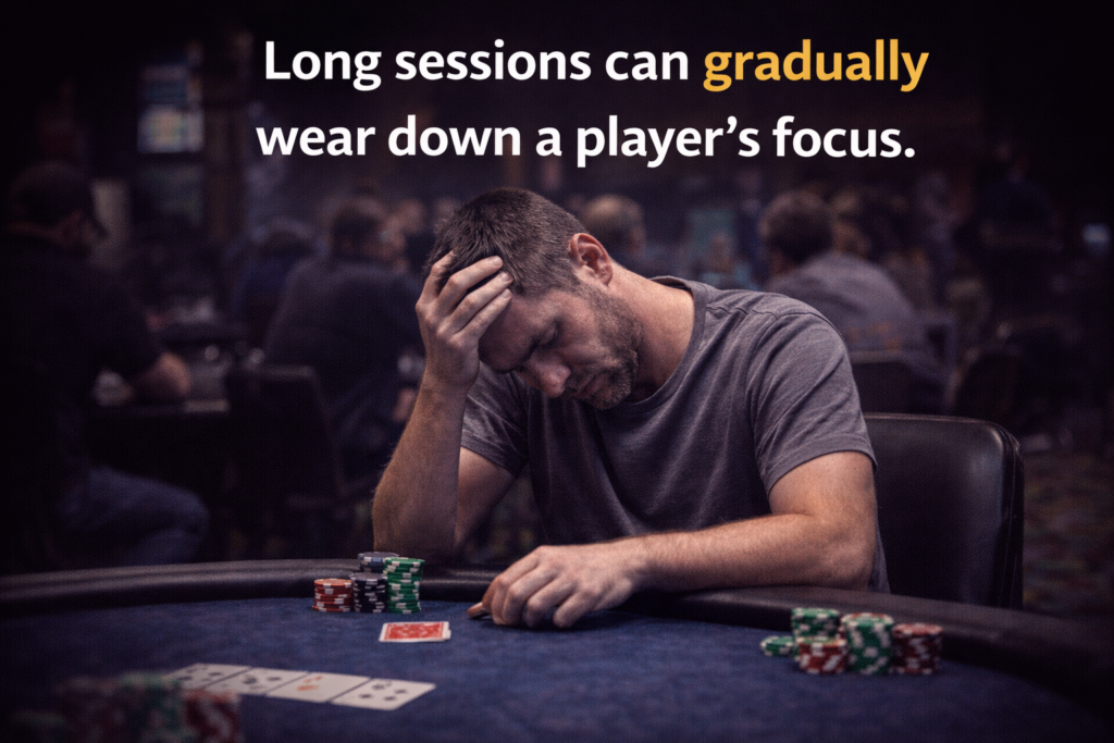 “Tired poker player sitting at the table after a long session, illustrating the importance of recognizing when to leave a poker table as focus and decision-making begin to decline.”