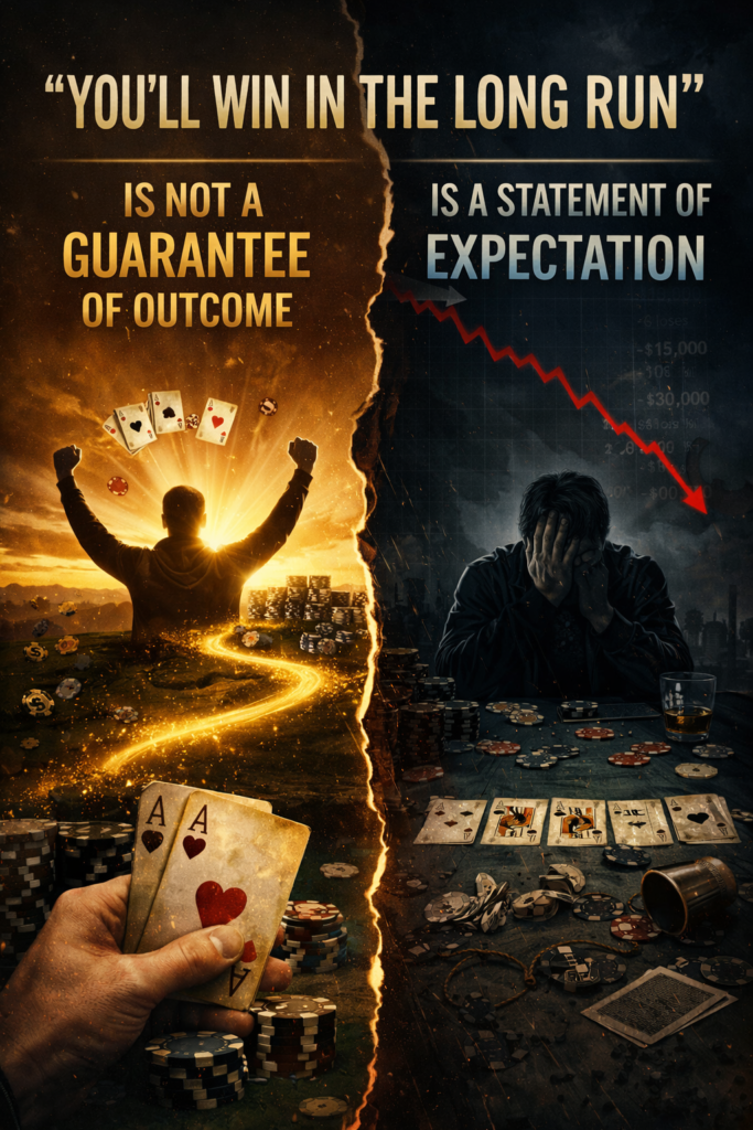 Poker variance concept image showing split outcomes of winning and losing, illustrating that “you’ll win in the long run” reflects expectation rather than guaranteed results