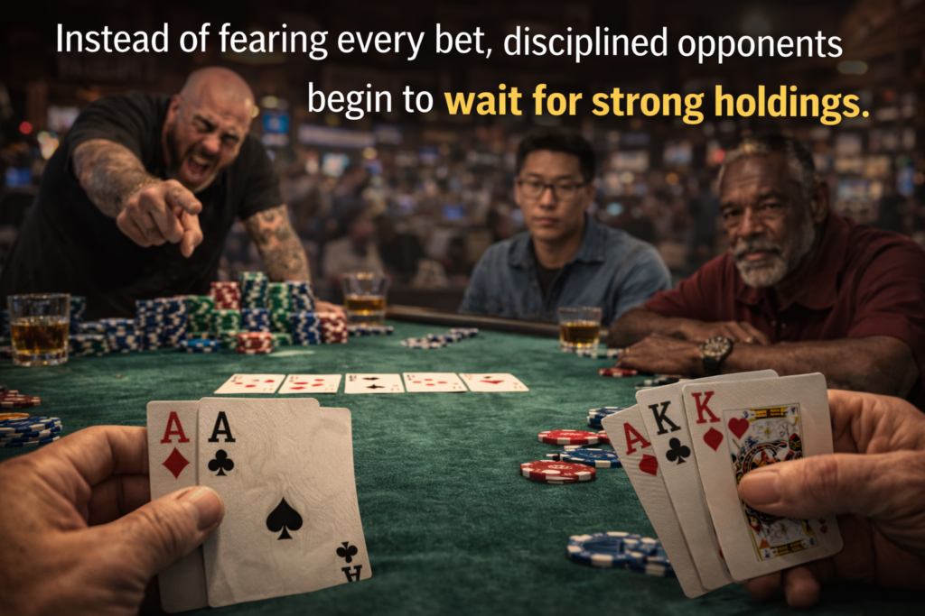 Poker bullies aggressively pressuring opponents at a casino poker table while disciplined players wait patiently for strong hands to counter the bully’s strategy.