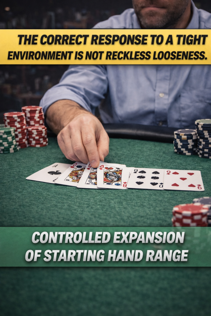 Poker player carefully selecting starting hands at the table, illustrating disciplined decision-making and playing tight in poker while expanding ranges strategically in tight games.