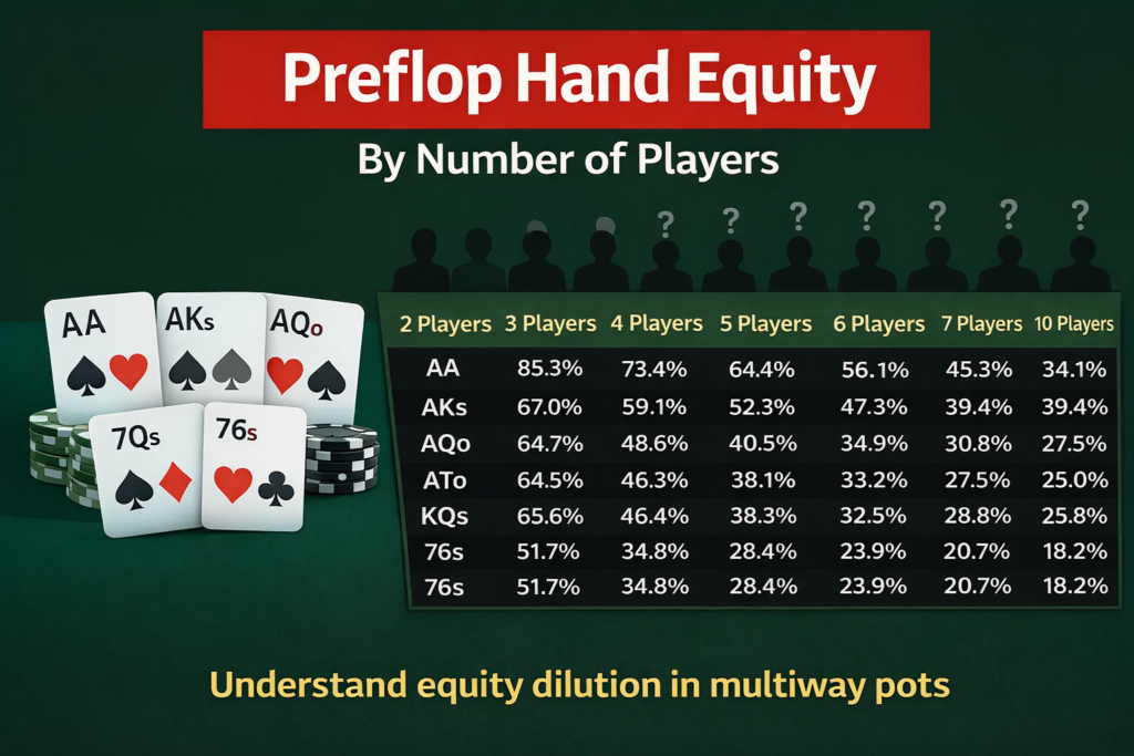Preflop Hand Equity chart graphic showing how starting hand equity changes from 2 to 10 players in Texas Hold’em, illustrating equity dilution in multiway pots with example hands like AA, AKs, AQo, and 76s.
