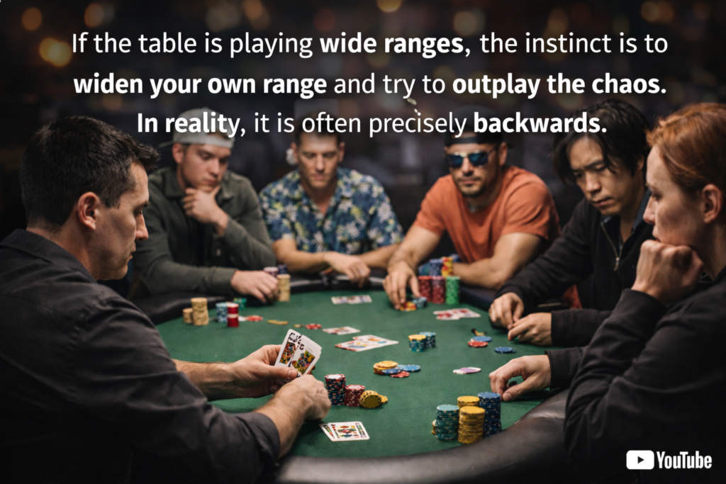 Loose Poker Games strategy concept showing multiple players at a chaotic poker table with wide hand ranges, illustrating why tightening your range is often the correct adjustment in loose poker games.