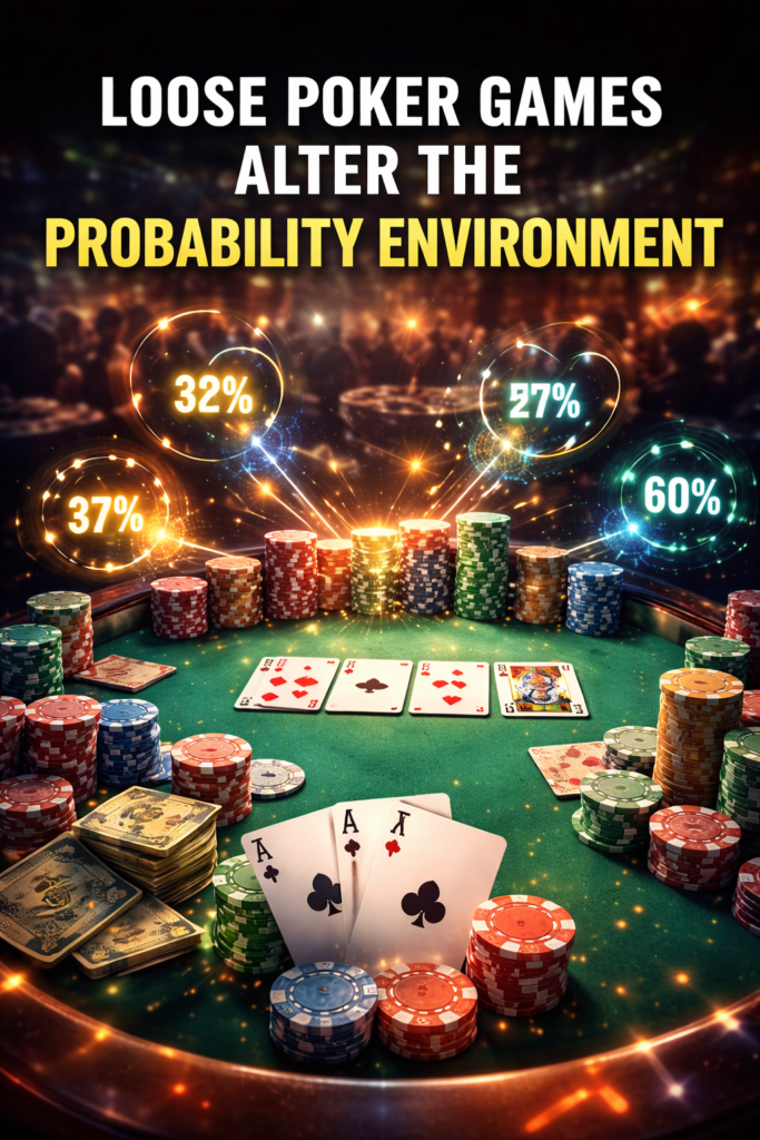 Loose poker games illustration showing a crowded multiway poker table with chips, cards, and floating probability percentages to represent how loose poker games alter the probability environment and increase equity dilution.