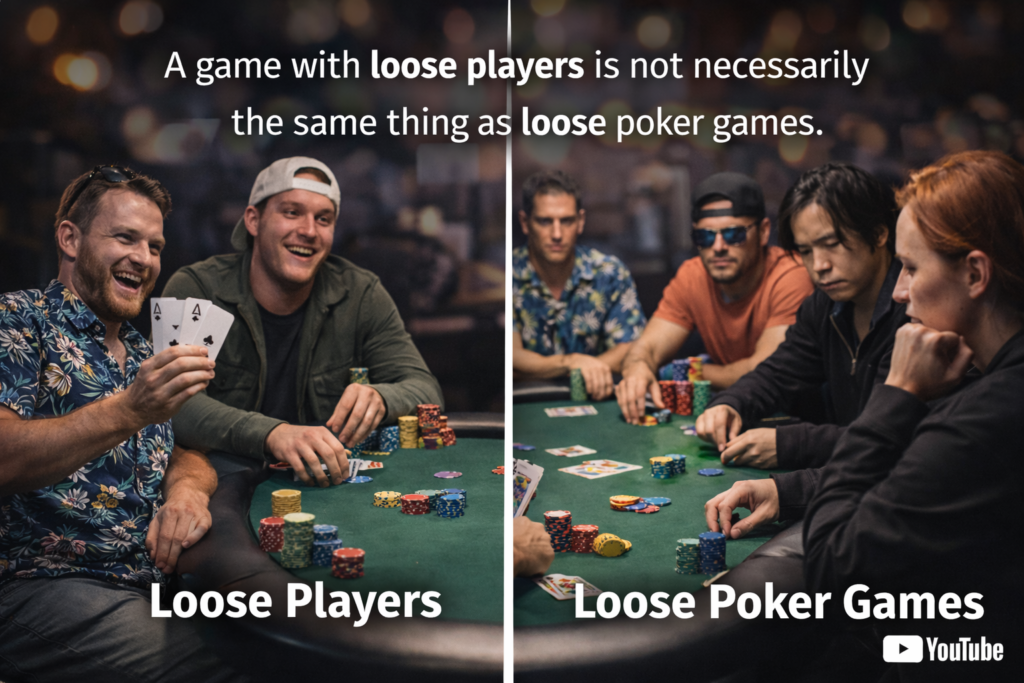 Loose Poker Games comparison graphic showing the difference between individual loose players and true loose poker games with multiple wide ranges and multiway action at the table.