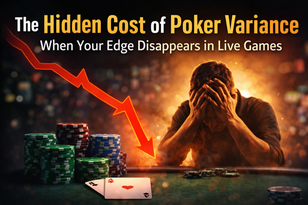 poker variance illustration showing a frustrated poker player losing chips with a downward trend arrow, representing the hidden cost of poker variance in live cash games