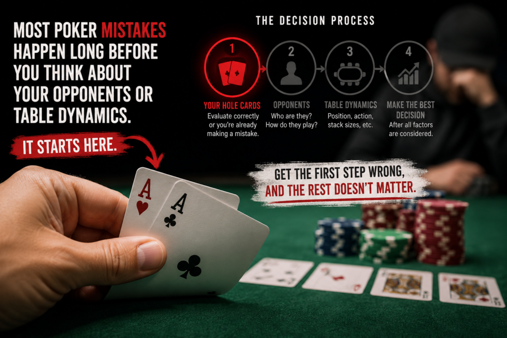 Poker Decision Tree infographic showing a player evaluating pocket aces before considering opponents, table dynamics, and strategic decision-making in Texas Hold’em poker.