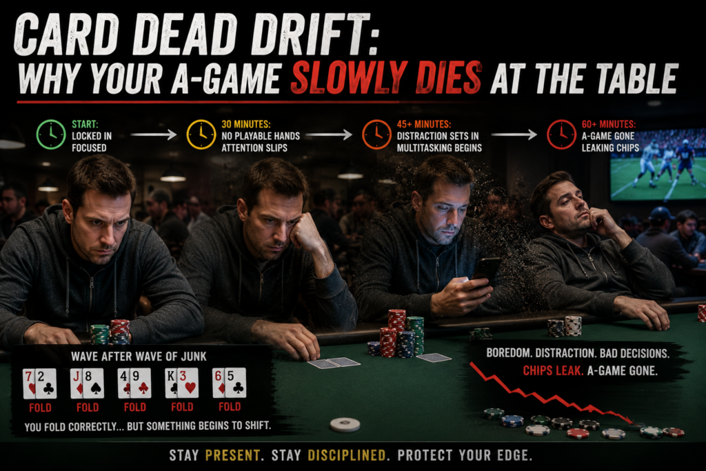 Card Dead Poker infographic showing a live poker player slowly losing focus during a long card dead stretch, illustrating distraction, multitasking, boredom, leaking chips, and the gradual collapse of an A-game at the poker table.