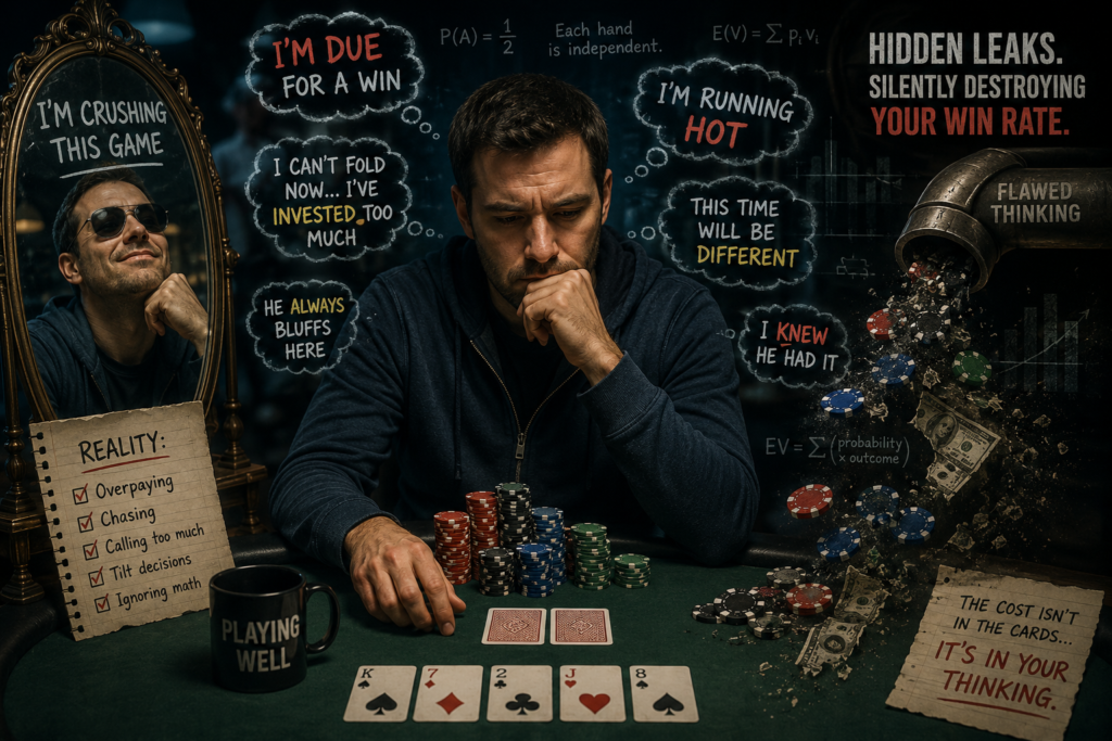 Common poker myths infographic showing a poker player surrounded by flawed thinking, gambler’s fallacy, sunk cost bias, and hidden bankroll leaks caused by poor poker psychology and irrational decision-making.