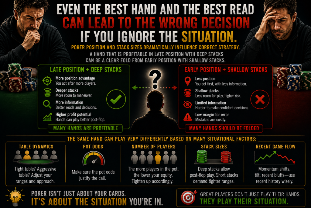 Poker position and stack sizes infographic showing how late position, early position, deep stacks, shallow stacks, pot odds, table dynamics, and game flow influence correct poker strategy and decision-making in live cash games.
