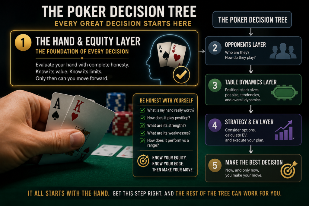 Poker Decision Tree infographic showing the Hand and Equity Layer as the foundation of poker decision-making, with players evaluating hole cards, equity, opponents, table dynamics, and expected value in Texas Hold’em.