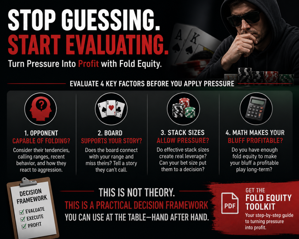 Fold equity poker strategy infographic showing a decision framework for evaluating bluffs, including opponent tendencies, board texture, stack sizes, and math to turn pressure into profit in poker.