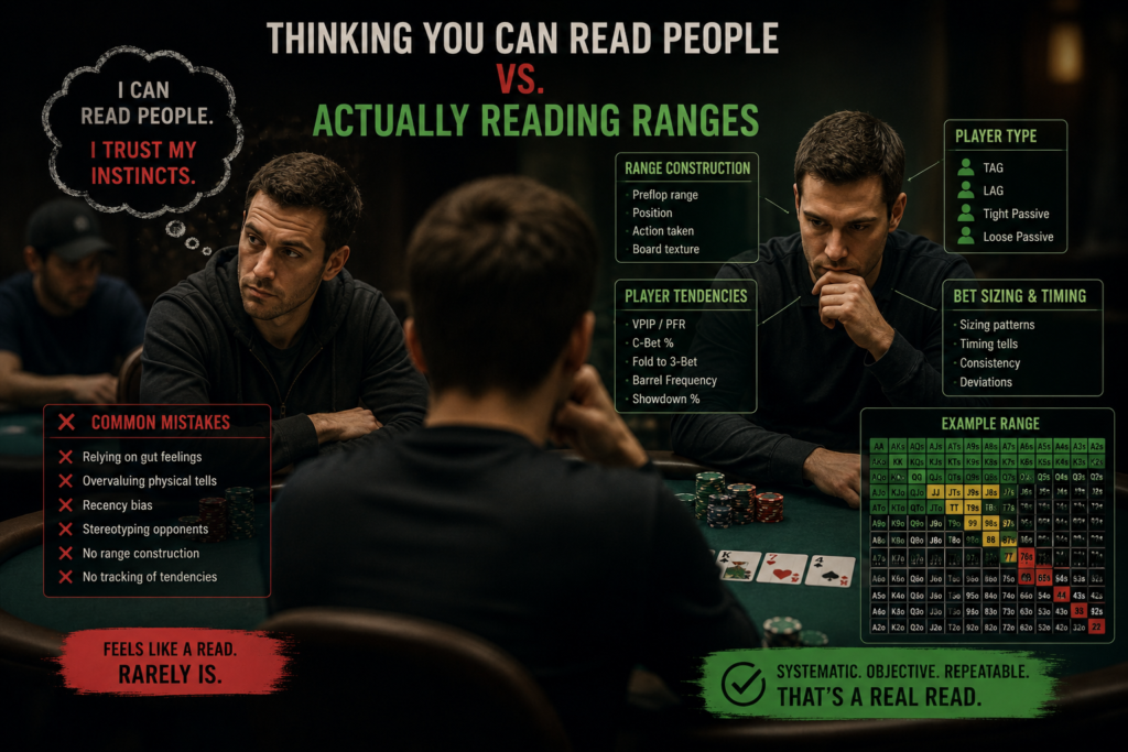 Poker players reading opponent ranges in a live cash game by analyzing betting patterns, player tendencies, poker range construction, physical tells, and systematic decision-making instead of relying on instinct or vague reads.