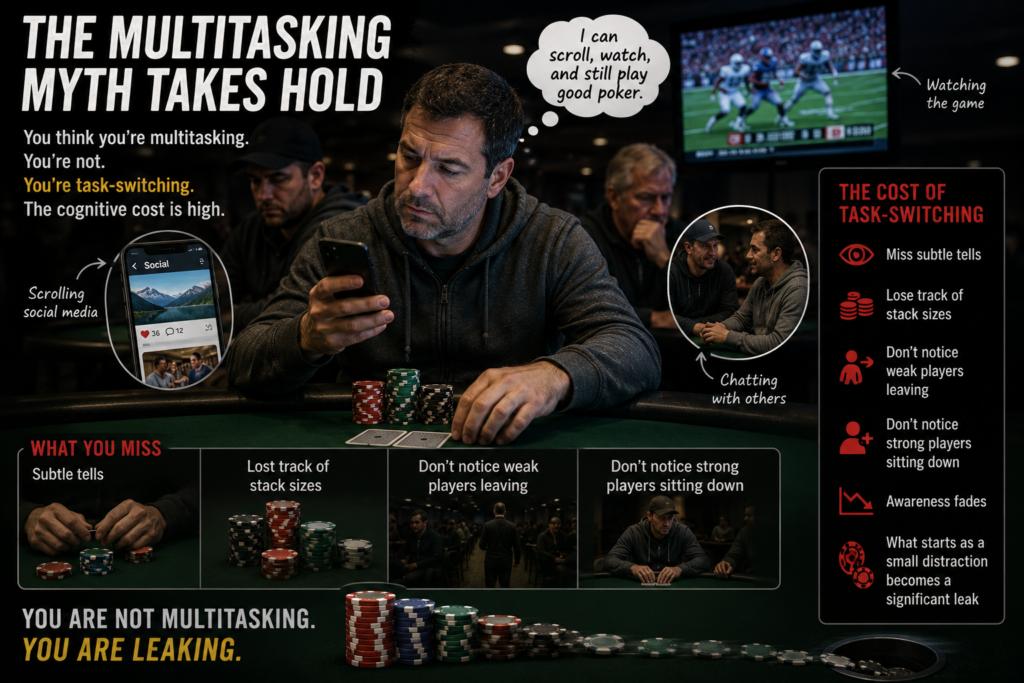Card Dead Poker infographic showing a distracted live poker player multitasking with a phone, television, and conversations while losing focus at the table, illustrating task-switching, missed tells, declining awareness, and mental drift during long card dead stretches.