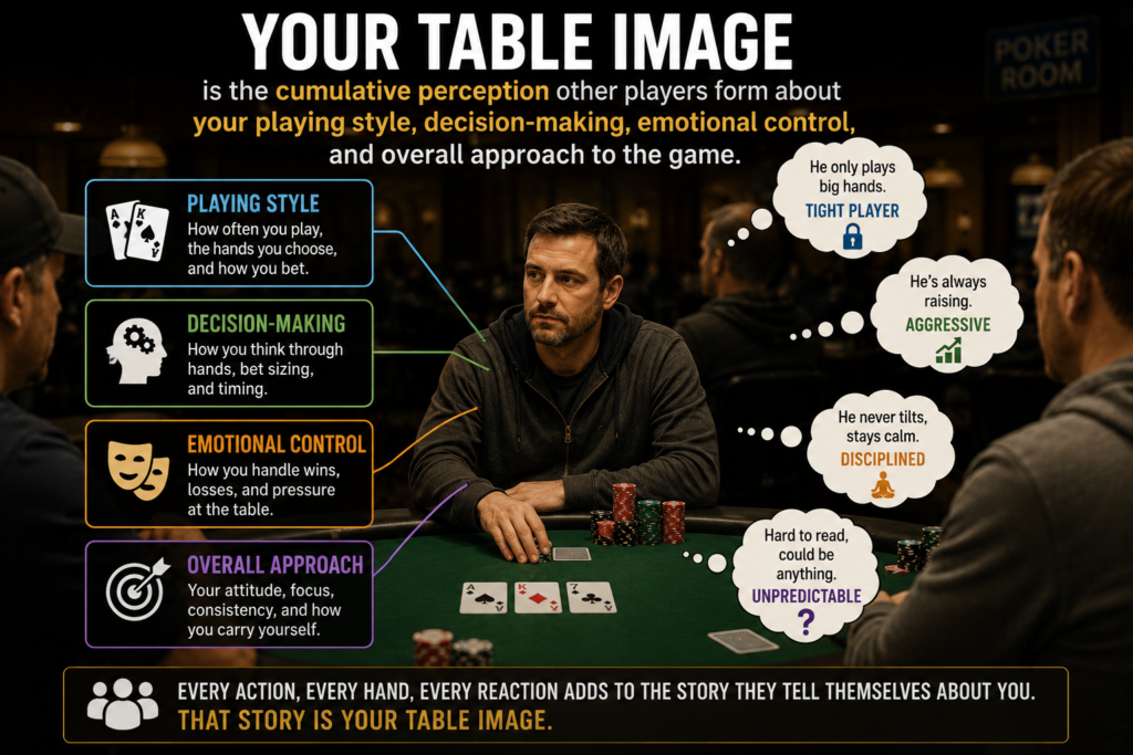 Table image in poker infographic demonstrating how playing style, decision-making, emotional control, and overall behavior influence how opponents perceive a player during a live poker game.