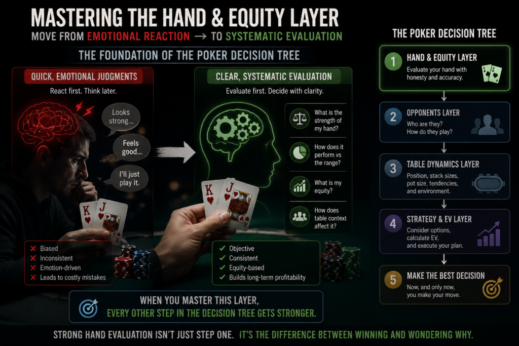 oker Decision Tree infographic illustrating the transition from emotional poker decisions to systematic hand and equity evaluation in Texas Hold’em strategy and long-term profitable decision-making.