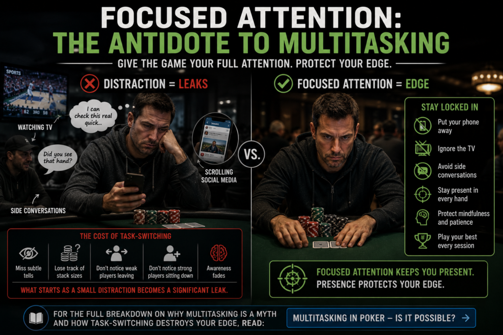 Card Dead Poker infographic illustrating focused attention versus multitasking at a live poker table, showing how distractions like phones, television, and side conversations weaken concentration, reduce awareness, and slowly erode a player’s edge during long card dead stretches.
