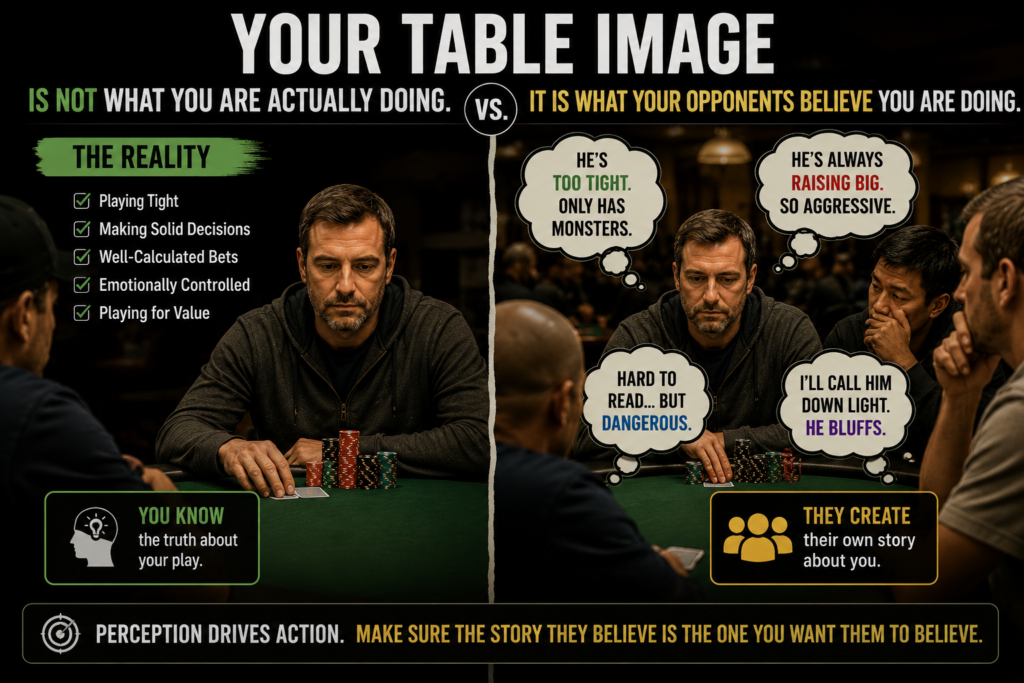 Table image in poker infographic showing that a player's true strategy may differ from what opponents believe, highlighting the role of perception, table image, and poker psychology in live poker games.
