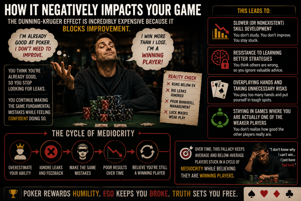 Common Poker Myths infographic showing the Dunning-Kruger effect in poker, where overconfidence, ignored leaks, poor hand selection, and resistance to learning keep losing players trapped in long-term mediocrity.