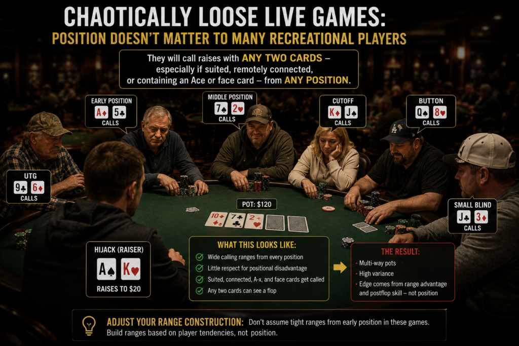 Reading opponent ranges in chaotic live poker games where loose recreational players call raises from any position with wide hand ranges, suited cards, connected cards, face cards, and weak Ace holdings in multiway pots.