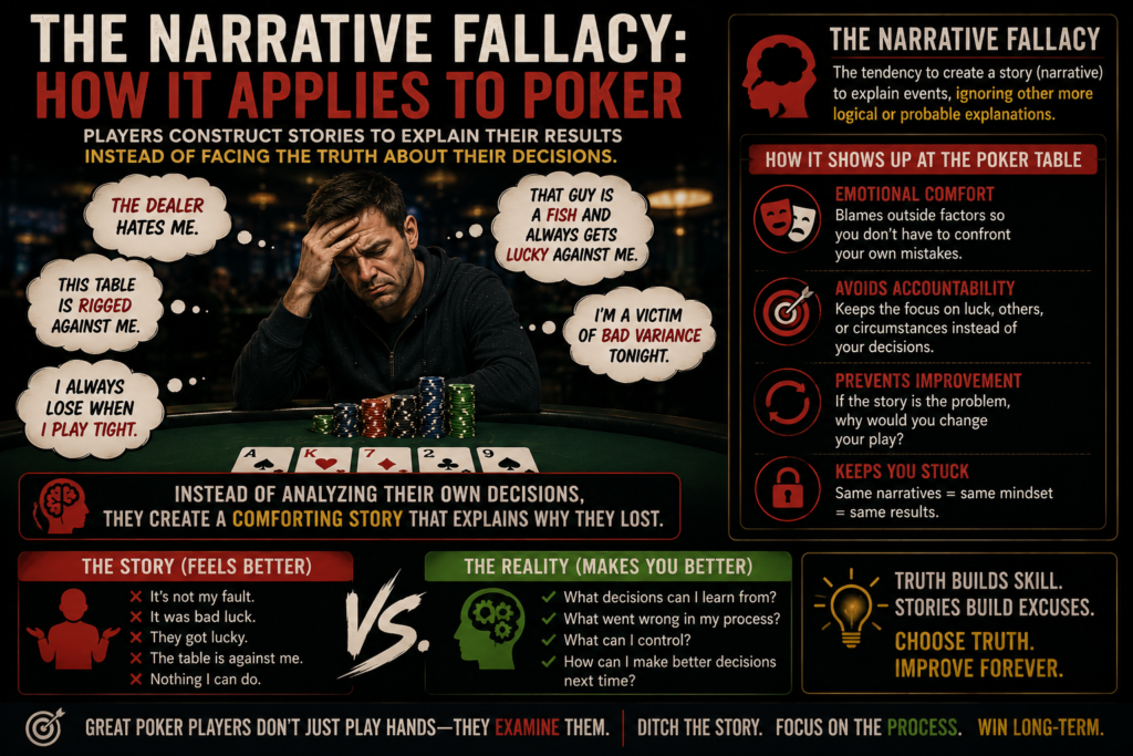 Common Poker Myths infographic showing the Narrative Fallacy in poker, where players blame bad luck, dealers, variance, and opponents instead of analyzing their own poker decisions, strategy leaks, and long-term results.