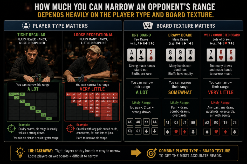 Reading opponents ranges in poker by combining player type and board texture to narrow hand ranges more accurately on dry, draw-heavy, and wet connected boards in live cash games.