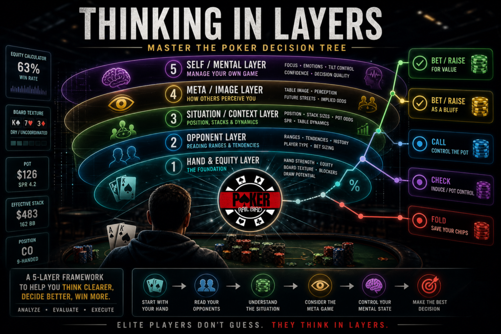 Thinking in Layers poker strategy infographic showing a five-layer decision tree with hand equity, opponent ranges, situational context, table image, and mental game, centered around the PokerRailbird logo for advanced poker decision-making.