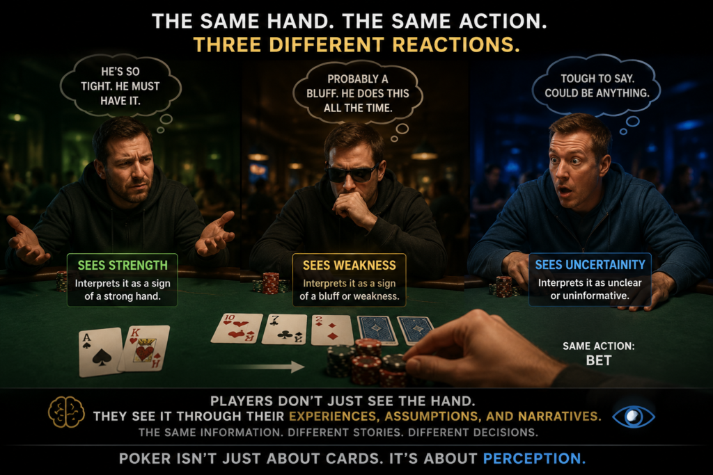Poker Meta Strategy illustration showing three poker players interpreting the same hand and betting action differently based on perception, assumptions, experience, and table image at a live poker table.