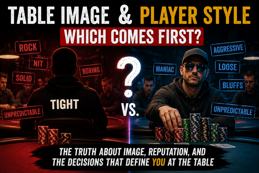 Table Image in Poker illustration showing the relationship between player style, reputation, and perception at a live poker table, comparing a tight player and an aggressive player while exploring how table image develops through opponent observation and interpretation.