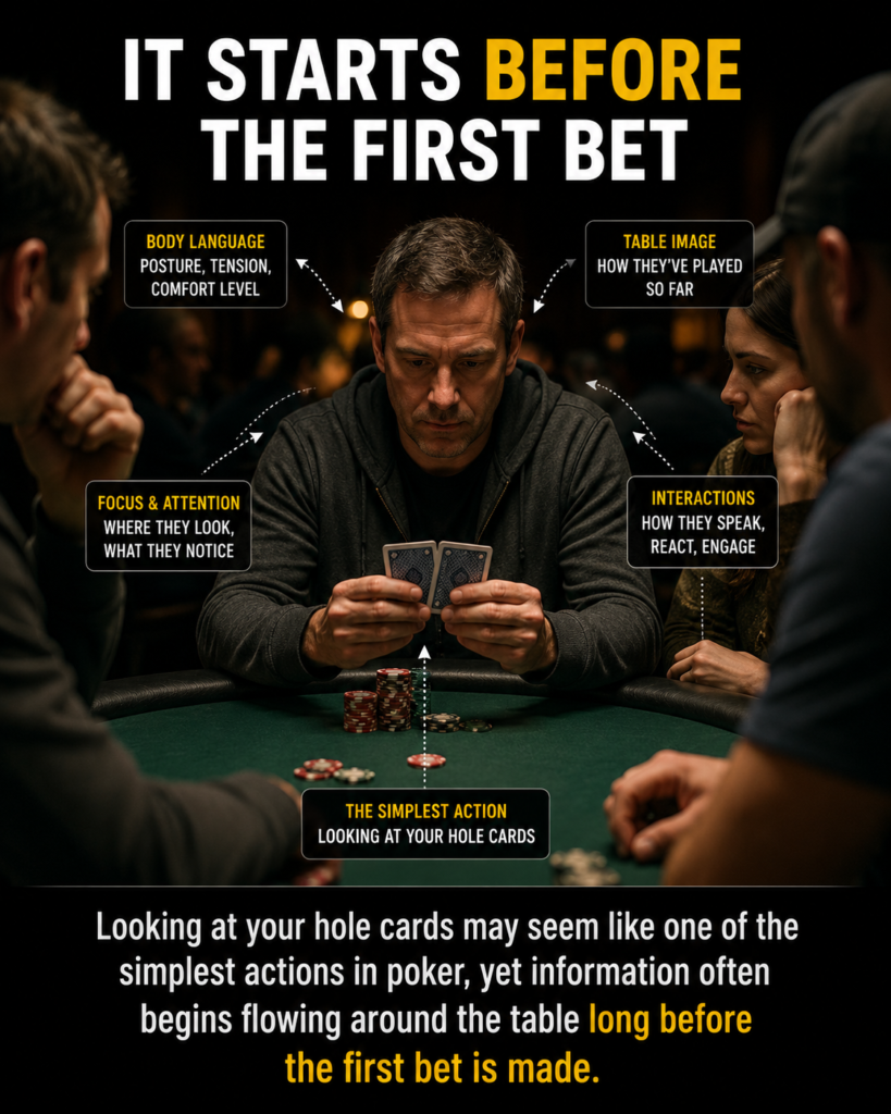 Looking At Your Hole Cards in poker as players observe opponents around the table before the first bet, illustrating how poker tells, body language, table image, and player behavior can reveal information before the action begins.