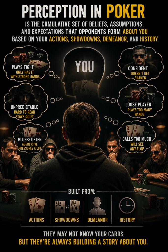 Perception in poker illustration showing how opponents form beliefs, assumptions, and expectations based on a player's actions, showdowns, demeanor, and history, influencing table image, reputation, and future decisions at the poker table.