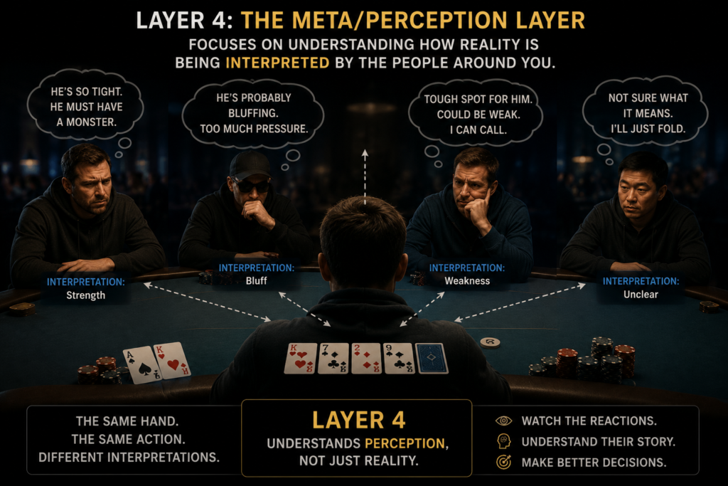 Poker meta strategy illustration showing multiple poker players interpreting the same hand and betting action differently based on perception, assumptions, table image, and individual thought processes during a live poker game.