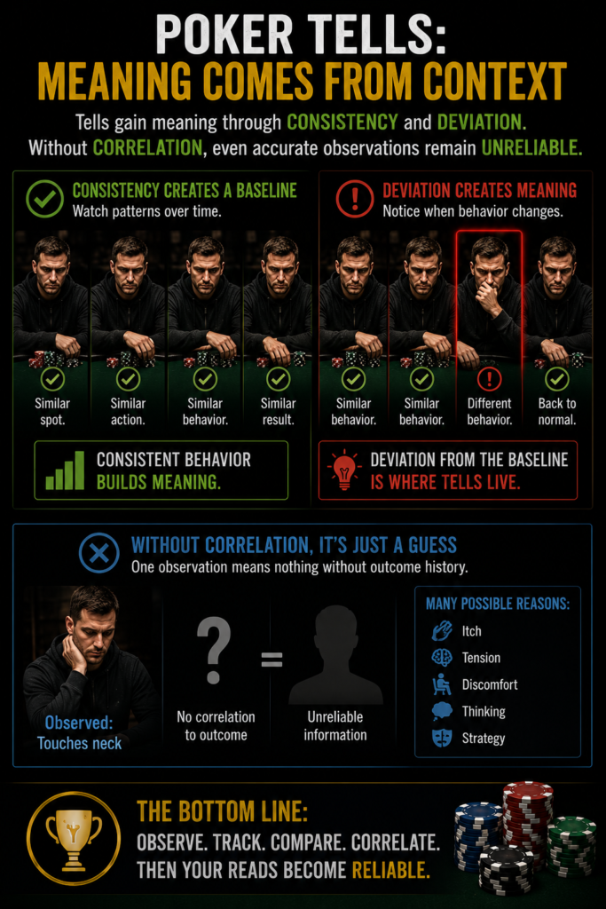 How To Interpret Poker Tells infographic illustrating how poker tells gain meaning through consistency, deviation, and correlation, showing a player's baseline behavior, changes in behavior, and the importance of connecting observations to actual outcomes before drawing conclusions.
