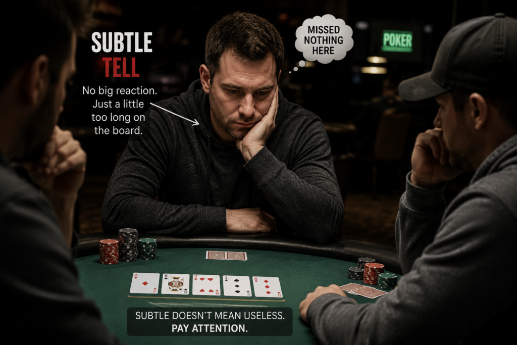 Staring At Bad Board Cards poker tell as a player remains focused on the community cards after the river while opponents observe his reaction at a live poker table.