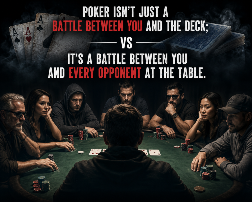 Focusing On Yourself in poker means understanding that the game is not just a battle against the cards, but a battle against every opponent at the table. A live poker player sits surrounded by opponents in a dramatic casino setting, illustrating the importance of observation, adaptation, and strategic decision-making.