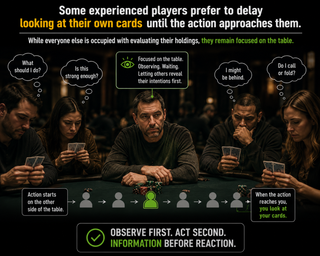 Looking At Your Hole Cards strategically in poker, showing an experienced player observing the table while opponents focus on their own hands, highlighting the value of preflop observation and poker tells.