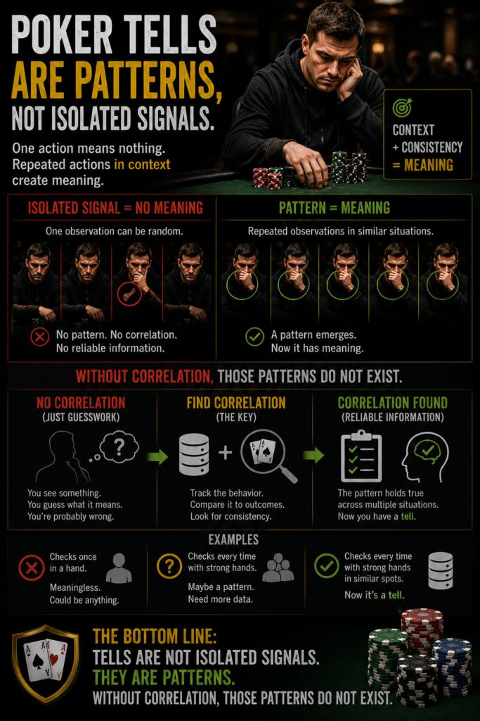 How To Interpret Poker Tells infographic showing that poker tells are patterns rather than isolated signals, illustrating how consistency, deviation, and correlation create reliable information while single observations without correlation remain meaningless.