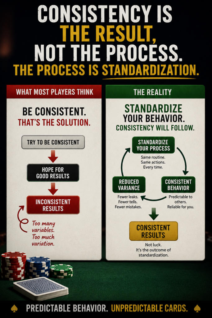 Waiting For Action Poker Tells infographic showing that consistency is the result of behavioral standardization. The image explains how reducing behavioral variance helps players avoid revealing information through poker tells.