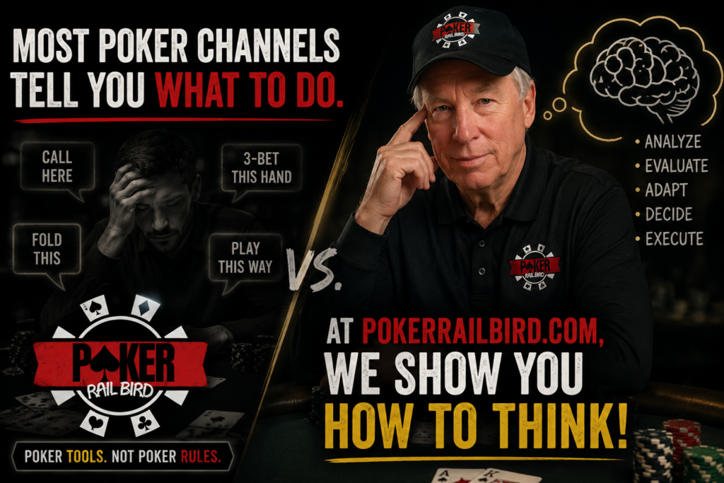 Poker Strategy and Philosophy illustration featuring Terry Wood of PokerRailbird comparing rule-based poker instruction to analytical decision-making, emphasizing critical thinking, adaptation, evaluation, and long-term success at the poker table.