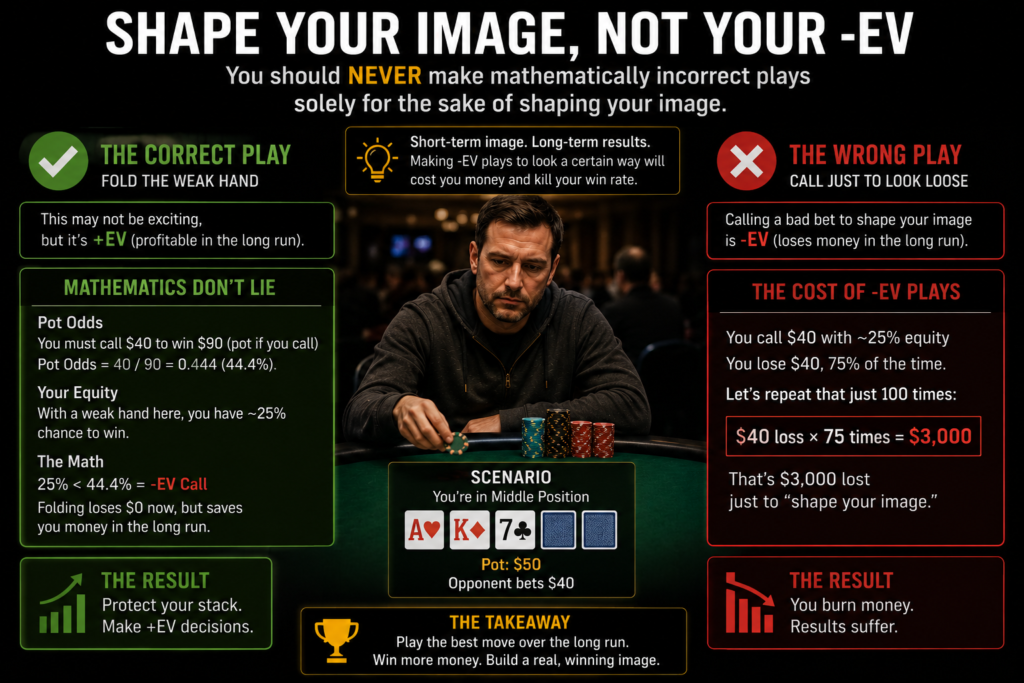 Table image in poker graphic illustrating that profitable decision-making should always take priority over trying to manipulate perception, showing the relationship between expected value, poker strategy, and table image.
