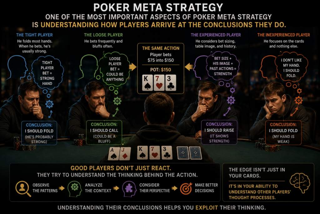 Poker meta strategy illustration showing how different poker players interpret the same betting action and arrive at different conclusions based on experience, assumptions, perception, and decision-making processes at a live poker table.