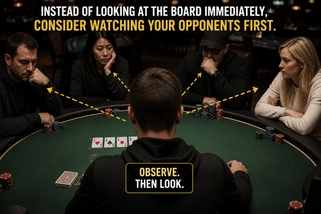 Staring at bad board cards poker tell illustration showing a player observing opponents before looking at the flop to identify reactions and behavioral tells.