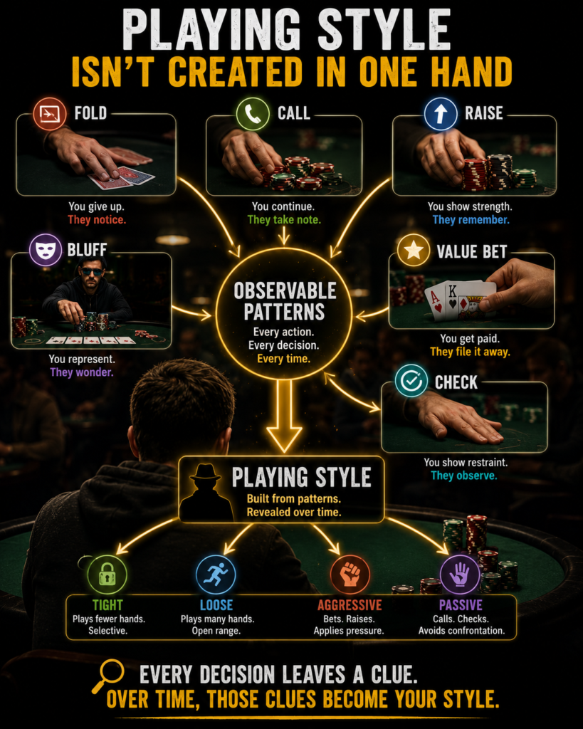 Table image in poker infographic showing how every fold, call, raise, bluff, value bet, and check creates observable patterns that form a player's playing style over time, influencing reputation, perception, and table image at a live poker table.
