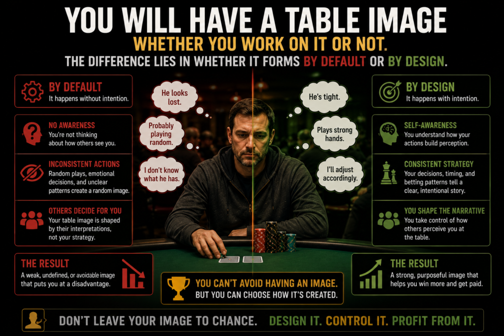 Table image in poker graphic demonstrating how players develop a table image whether they intend to or not, highlighting the difference between an image formed by default and one created by design.