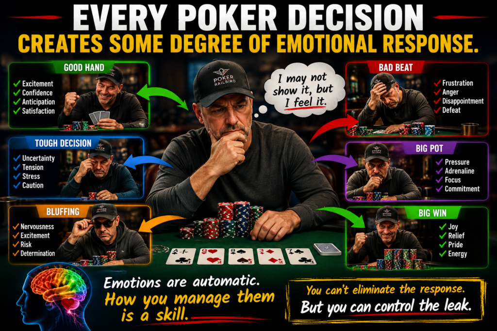 Waiting For Action Poker Tells image showing a poker player experiencing different emotional reactions to decisions such as calling, raising, bluffing, folding, winning, and losing. The graphic explains how emotional responses can influence physical behavior and contribute to information leakage at the poker table.
