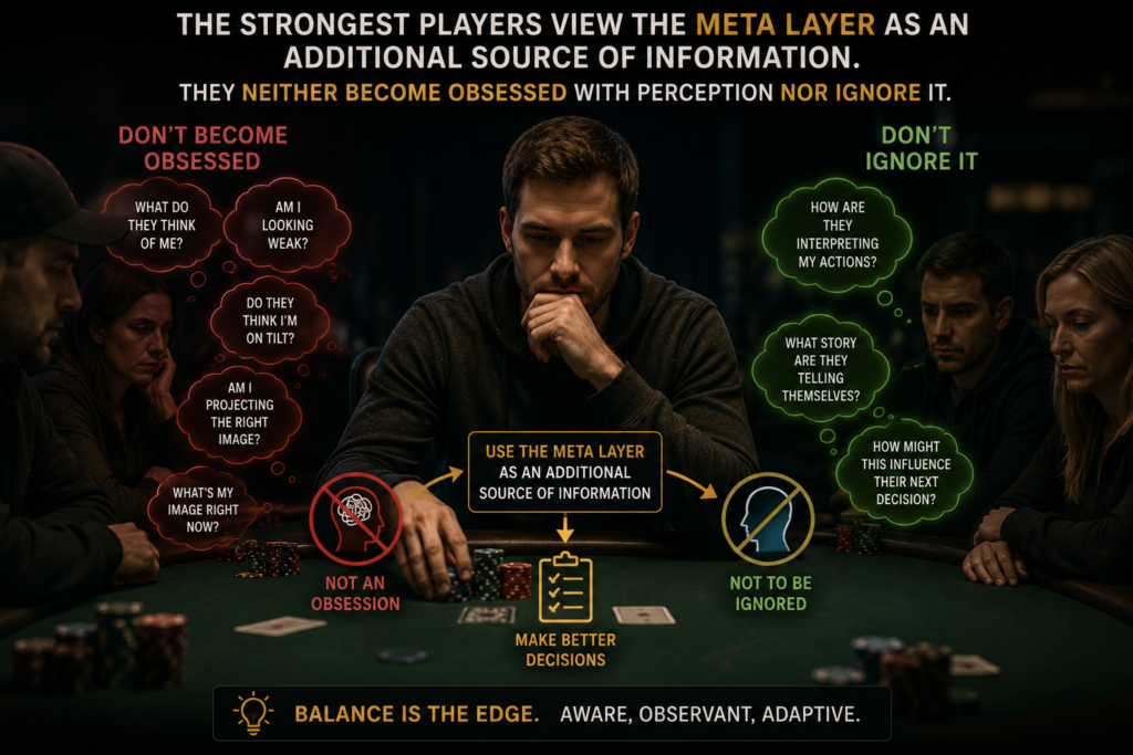 Poker meta strategy illustration showing a skilled poker player using perception, table image, and opponent assumptions as additional sources of information without becoming overly focused on them, demonstrating balanced decision-making at a live poker table.