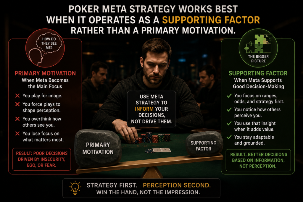 Poker meta strategy illustration showing a skilled poker player using perception, table image, and opponent assumptions as supporting information rather than primary motivation, demonstrating balanced decision-making and sound poker strategy.