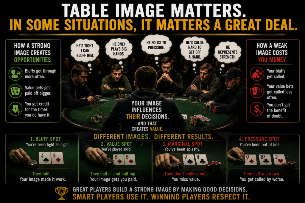 Table image in poker infographic showing how a player's perceived image influences opponent decisions, bluff success, value betting opportunities, and overall profitability, demonstrating why table image matters and can significantly impact results in live poker games.