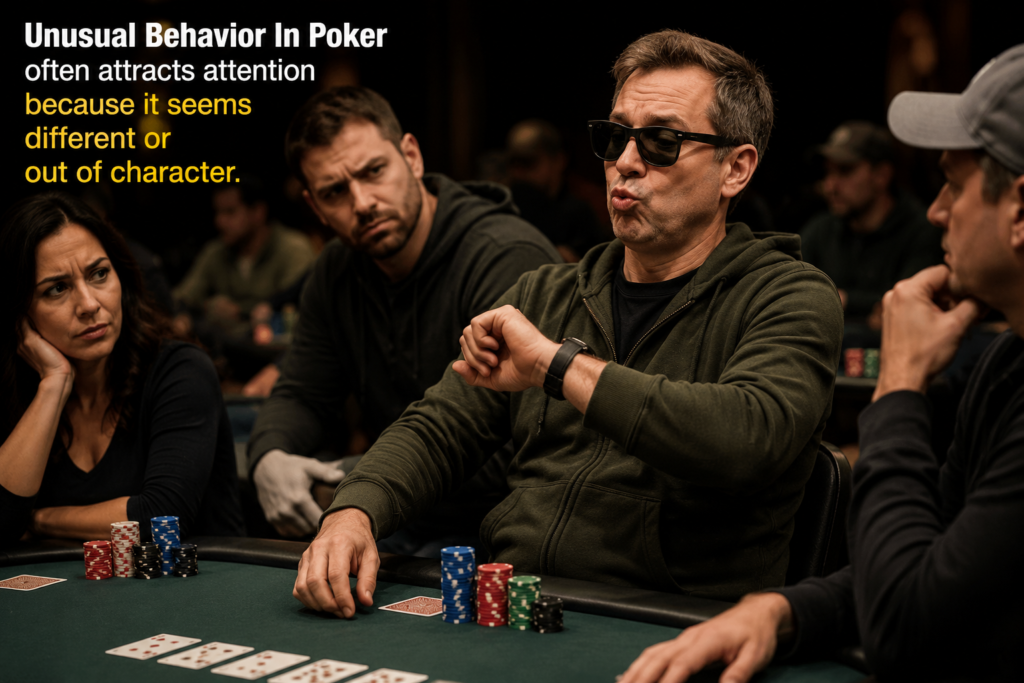 Unusual Behavior In Poker shown by a player acting out of character while surrounding opponents watch with curiosity and suspicion at a live poker table.
