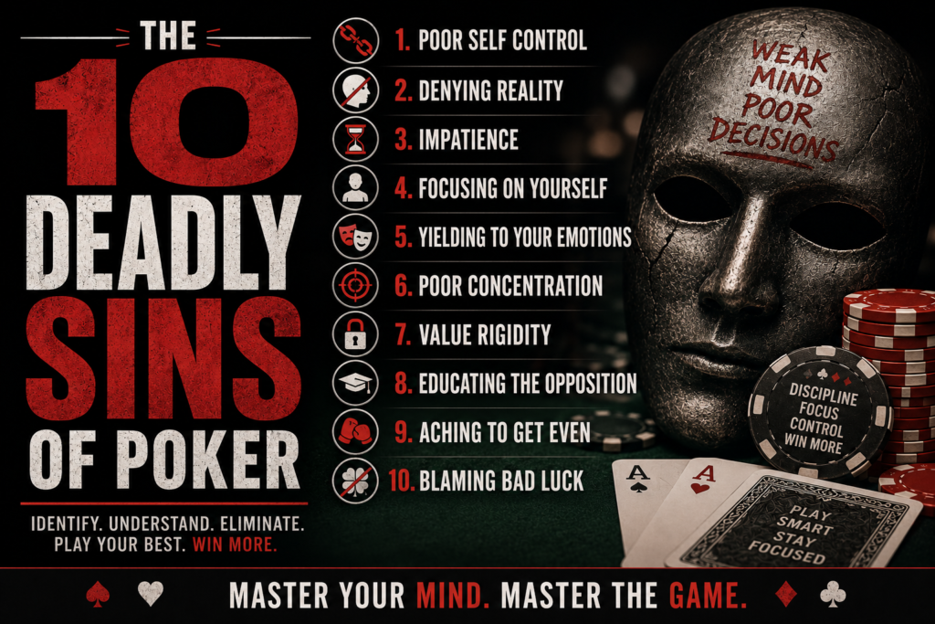 Deadly Sins of Poker promotional image illustrating the ten psychological mistakes that undermine discipline, decision making, and long-term profitability in live poker.