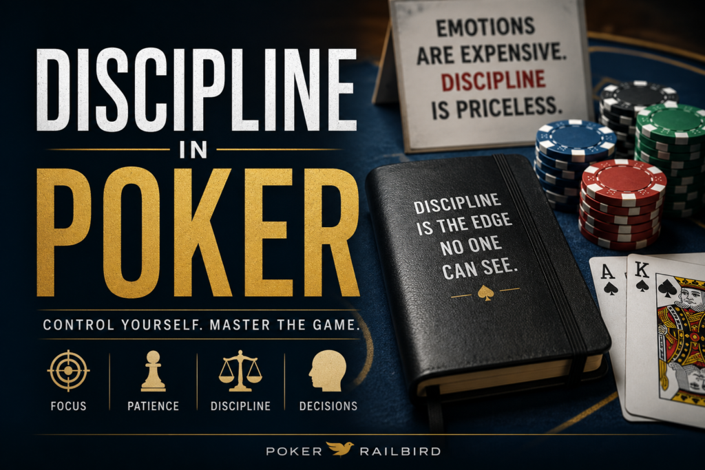 Discipline In Poker Hub Page artwork featuring poker chips, playing cards, and a journal symbolizing self-control, patience, emotional control, and disciplined decision making for long-term success at the poker table.